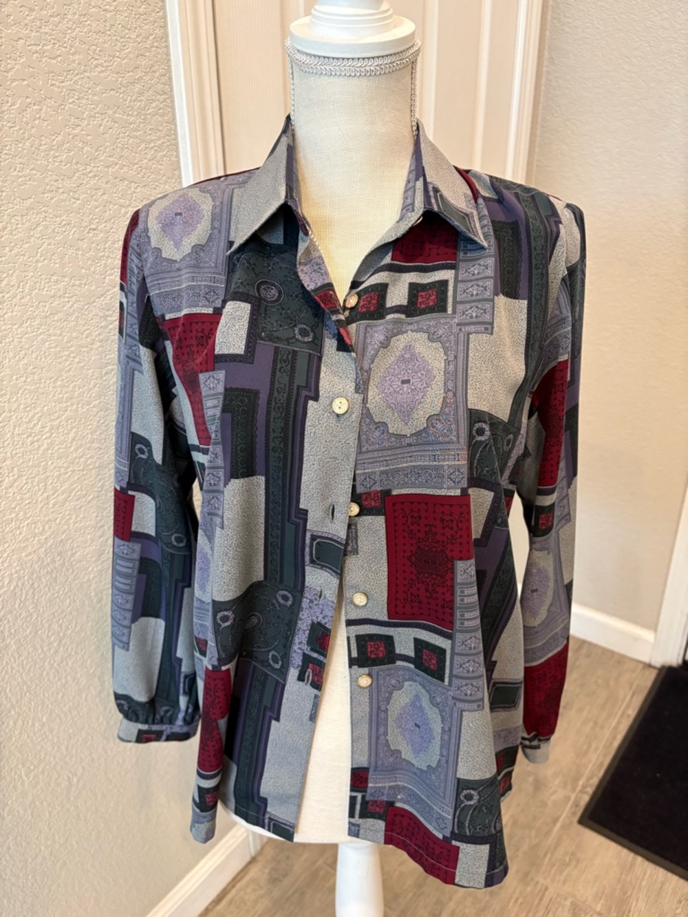 Vintage Patchwork Print Button-Up Blouse in Burgundy, Gray & Navy